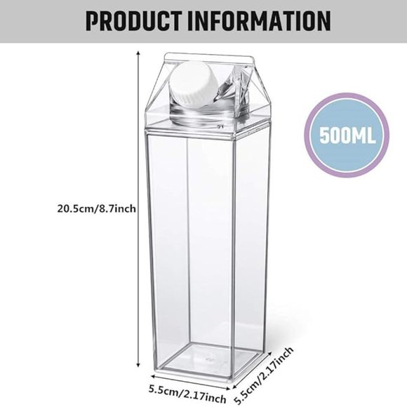 Milk Carton Water Bottle 17oz (500mL) Plastic Clear Square Milk Bottles No BPA - Picture 2 of 5